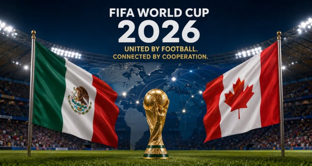 Trofeo de la Copa Mundial 2026 con banderas de Canadá y México