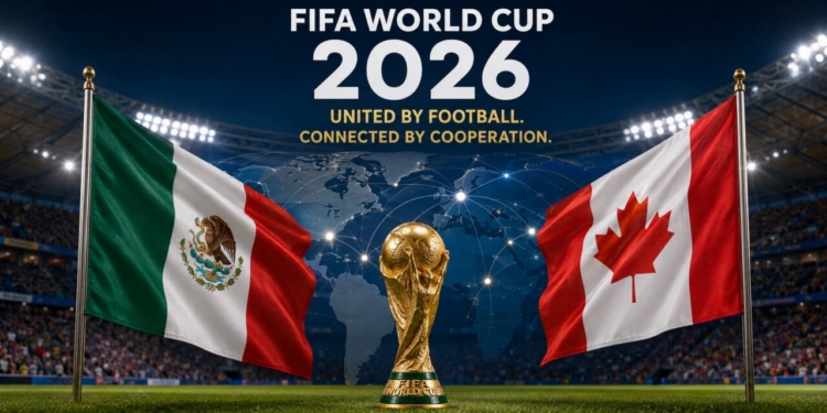 Trofeo de la Copa Mundial 2026 con banderas de Canadá y México