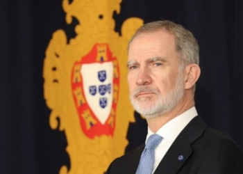 Retrato del Rey Felipe VI con fondo de escudo de Portugal