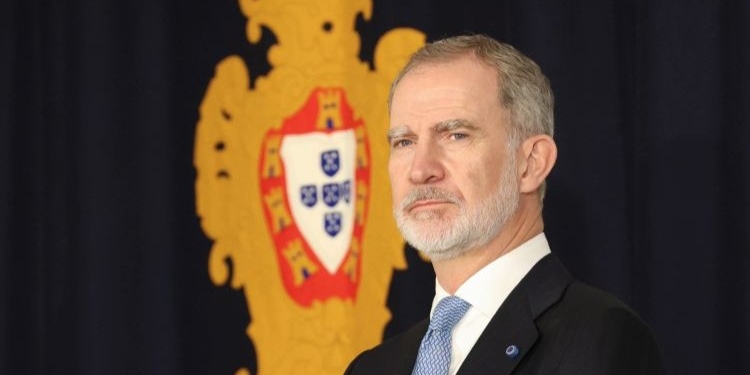 Retrato del Rey Felipe VI con fondo de escudo de Portugal