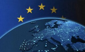 Mapa de Europa con estrellas de la Unión Europea y conexiones digitales