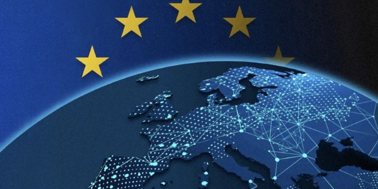 Mapa de Europa con estrellas de la Unión Europea y conexiones digitales