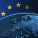 Mapa de Europa con estrellas de la Unión Europea y conexiones digitales