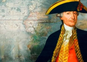 Retrato de un almirante español con un mapa antiguo de fondo