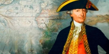 Retrato de un almirante español con un mapa antiguo de fondo