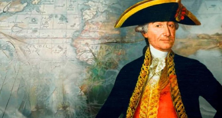 Retrato de un almirante español con un mapa antiguo de fondo