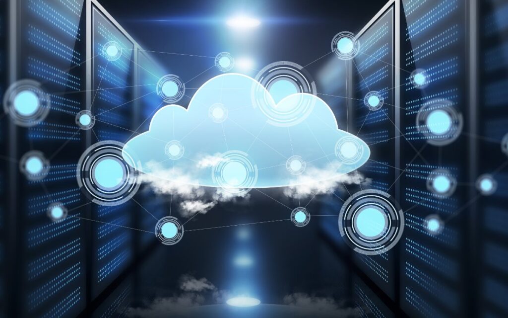 Ilustración de un servidor en la nube con conexiones digitales