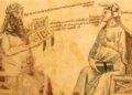 Ilustración de Averroes conversando con otro filósofo en un manuscrito antiguo