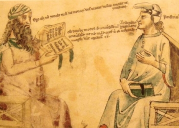 Ilustración de Averroes conversando con otro filósofo en un manuscrito antiguo