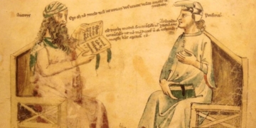 Ilustración de Averroes conversando con otro filósofo en un manuscrito antiguo