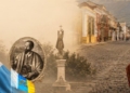 Retrato de Santo Hermano Pedro con bandera de Guatemala y calle de La Antigua