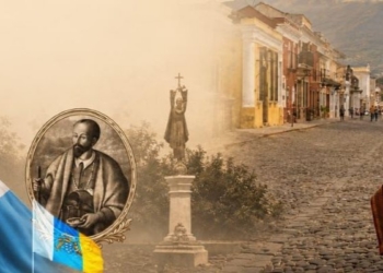 Retrato de Santo Hermano Pedro con bandera de Guatemala y calle de La Antigua