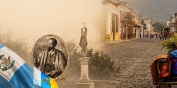 Retrato de Santo Hermano Pedro con bandera de Guatemala y calle de La Antigua