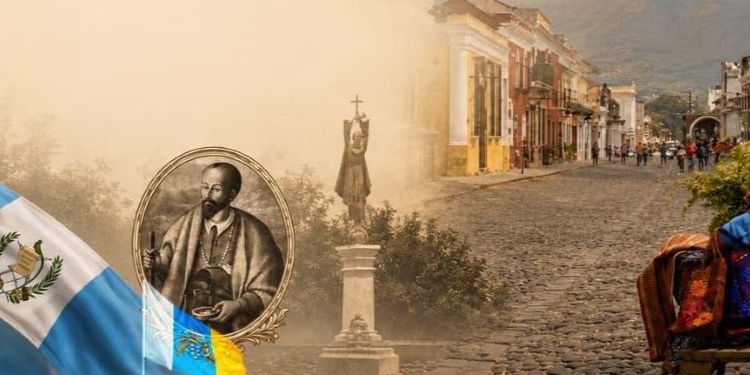 Retrato de Santo Hermano Pedro con bandera de Guatemala y calle de La Antigua