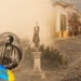 Retrato de Santo Hermano Pedro con bandera de Guatemala y calle de La Antigua