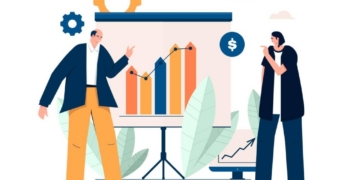 Dos personas discutiendo gráficos de inversión en un entorno de oficina