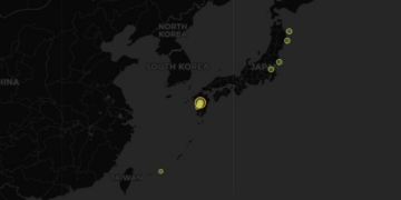 Mapa de Japón mostrando la isla de Kyushu afectada por el terremoto