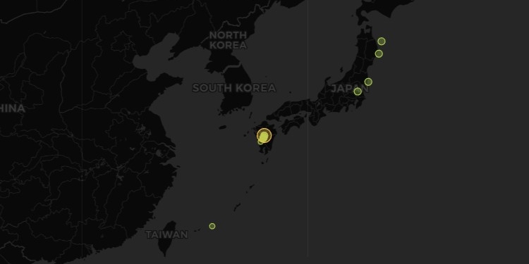 Mapa de Japón mostrando la isla de Kyushu afectada por el terremoto