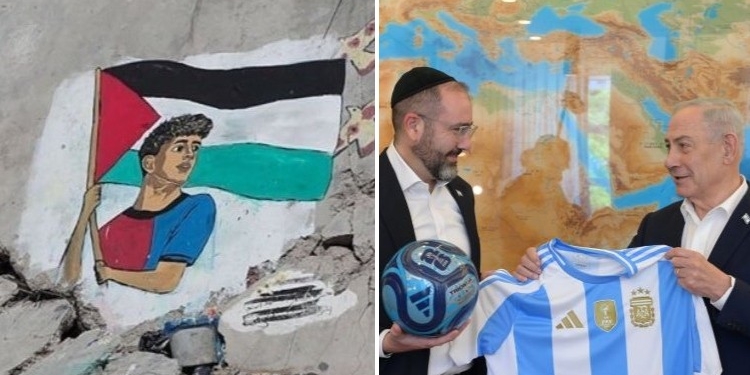 Mural de Lamine Yamal sosteniendo una bandera palestina en Gaza