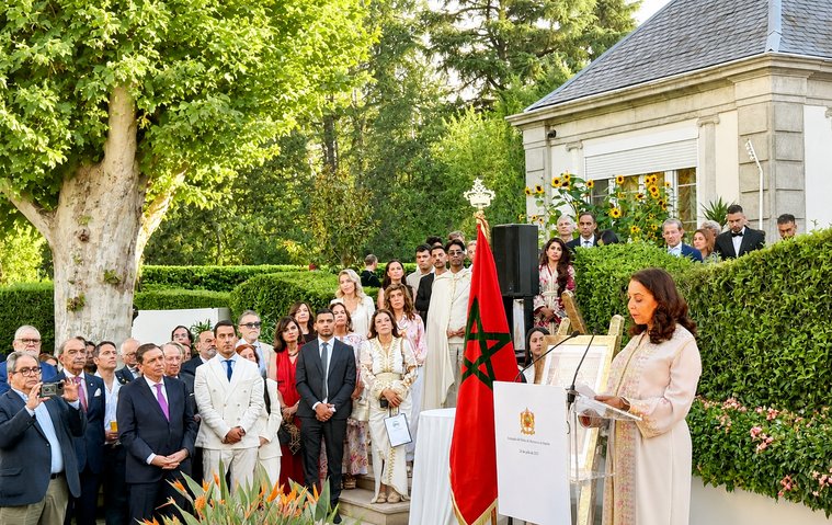 Moroccan Ambassador to Spain Karima Benyaich addresses guests during the Throne Day reception at her official residence in Madrid.