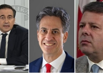 Ministros Ed Miliband, José Manuel Albares y Fabián Picardo en reunión sobre Gibraltar