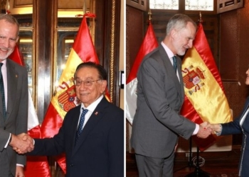 El Rey Felipe VI se reúne con el presidente saliente y la presidenta entrante en Lima.