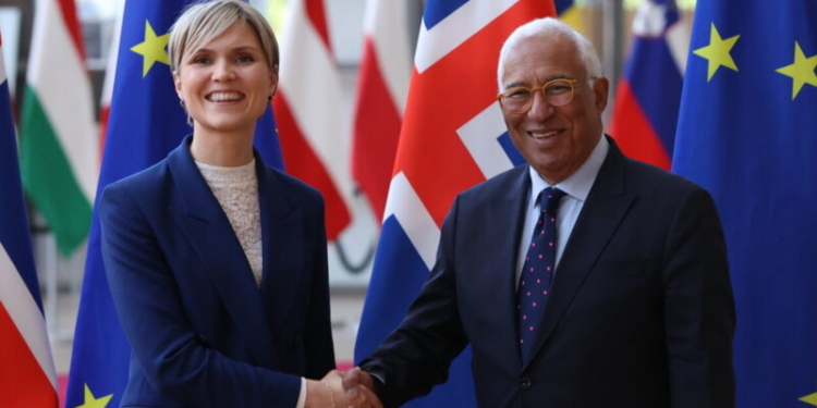 Dos personas estrechando manos frente a banderas de Islandia y la UE