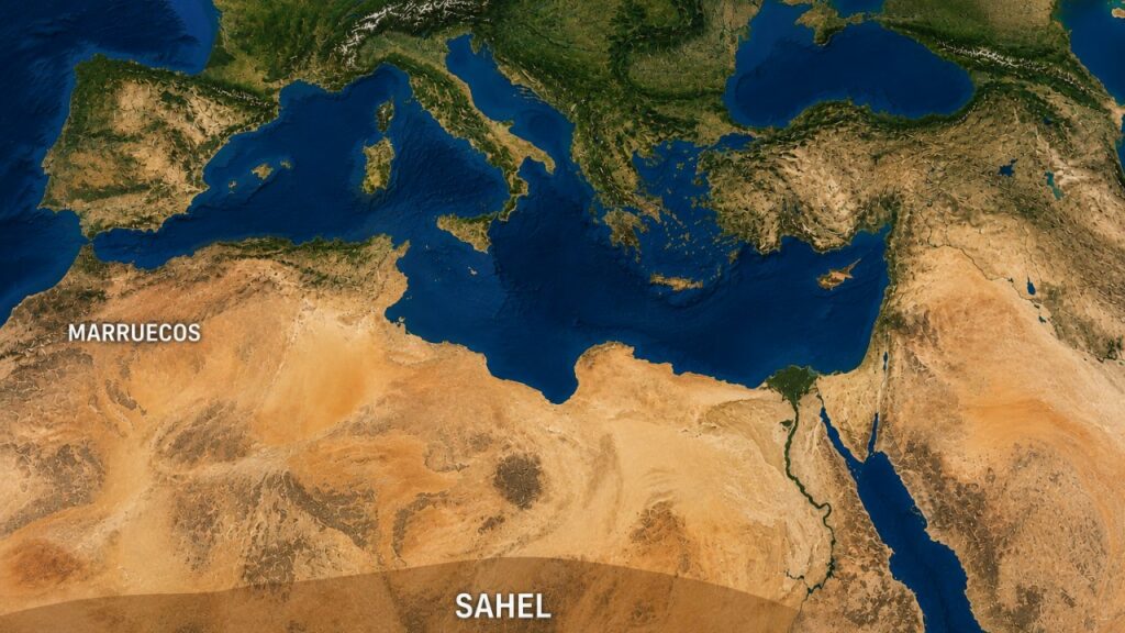 Mapa que muestra Marruecos y el Sahel en el contexto europeo