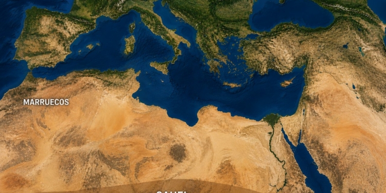 Mapa que muestra Marruecos y el Sahel en el contexto europeo