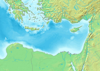 Mapa del Mediterráneo oriental mostrando Turquía, Grecia, Chipre y Egipto