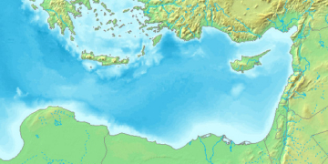 Mapa del Mediterráneo oriental mostrando Turquía, Grecia, Chipre y Egipto