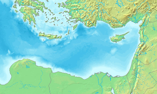 Mapa del Mediterráneo oriental mostrando Turquía, Grecia, Chipre y Egipto
